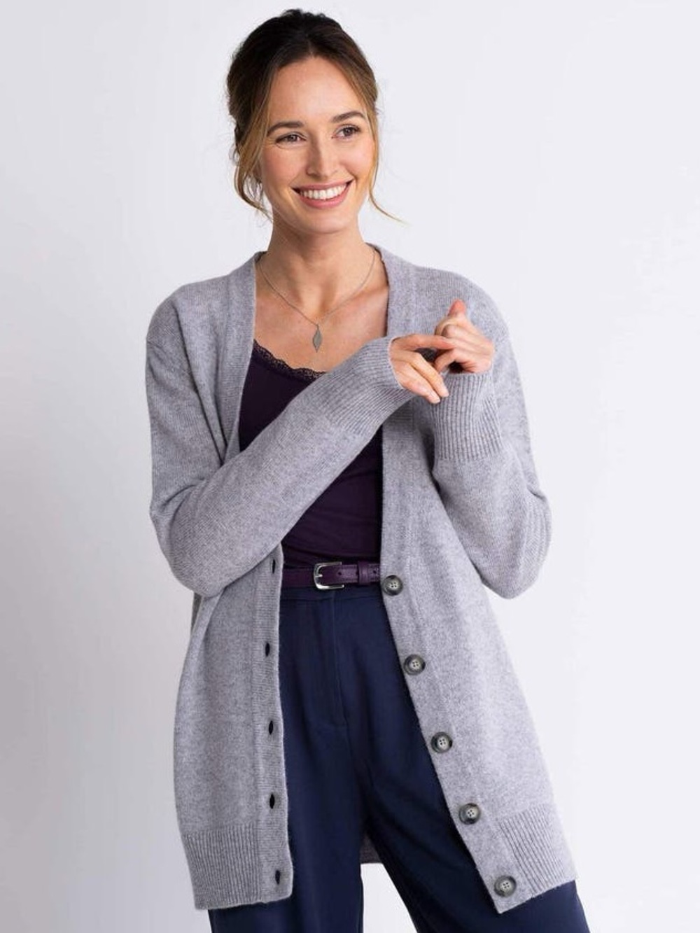 KETTLEWELL 100% Merino Wool Boyfriend V-Neck Cardigan In Silver Marl